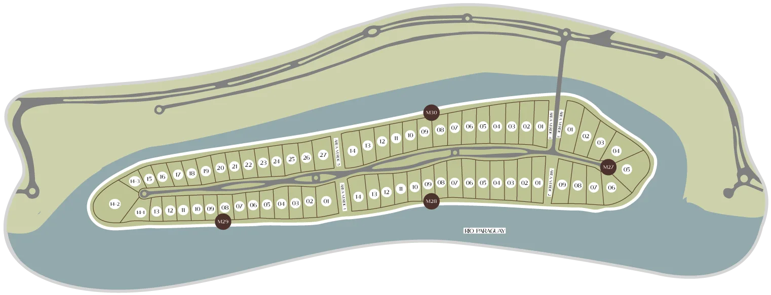 Plano con la distribución de los 66 lotes de La Isla del Delta